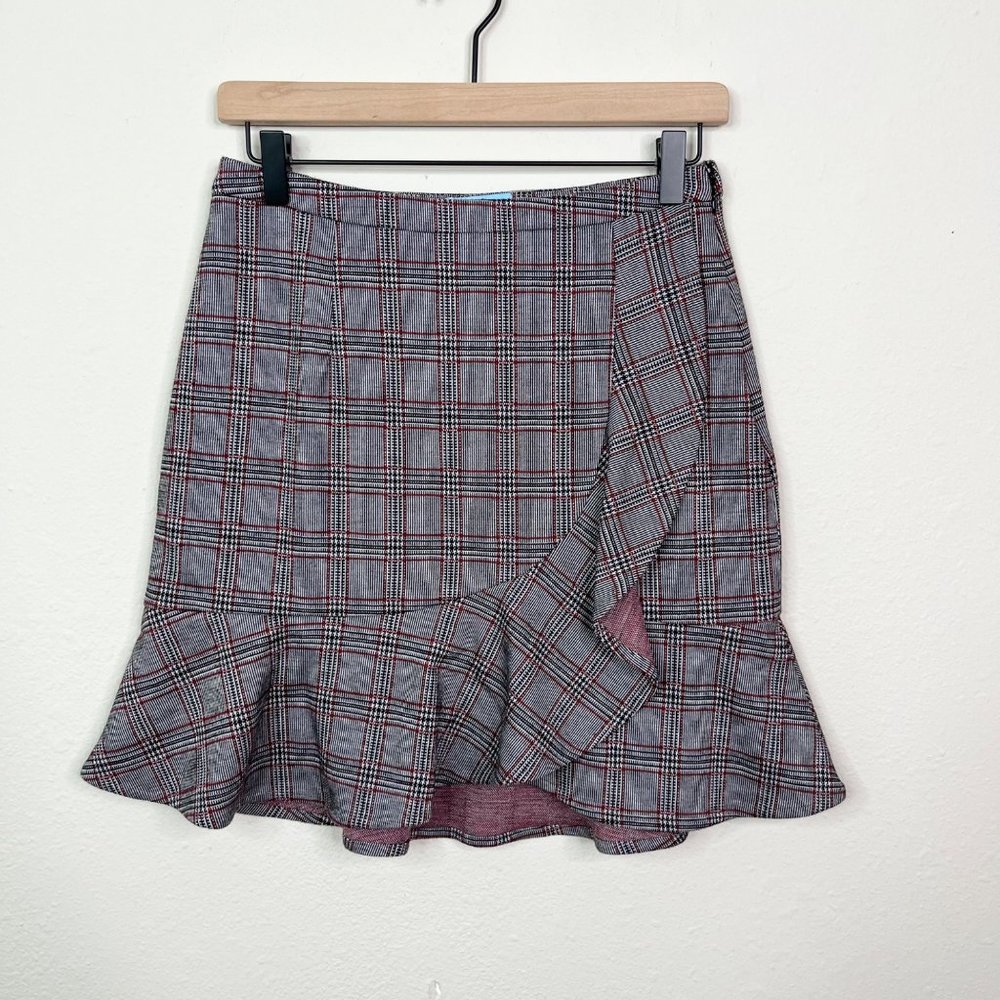 Cece Women's Plaid Grey Maroon Skirt Ruffle Size 4 Preppy School Girl Lined
